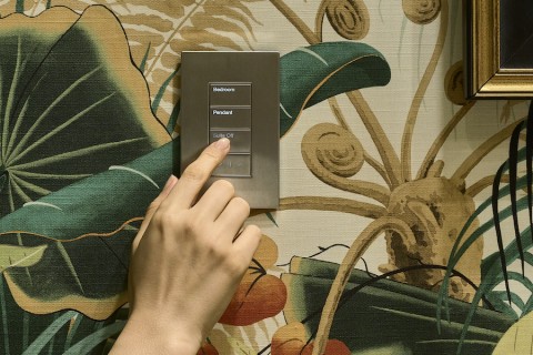 hand pressing a button on a Lutron Palladiom keypad