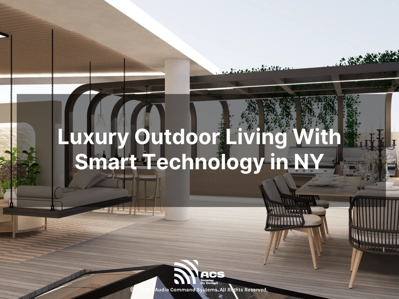 A luxurious outdoor living space features a modern dining area, a built-in grill and a cozy swing lounge.