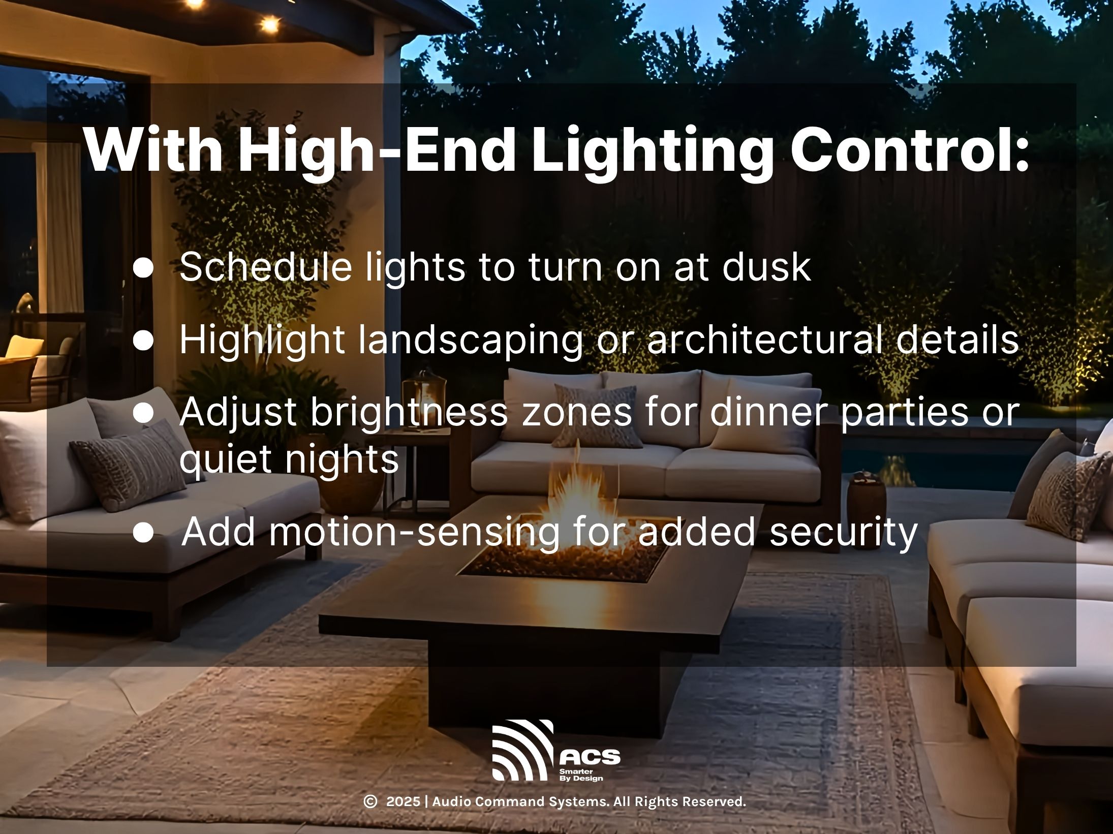 A cozy and elegant outdoor patio features modern seating around a fire pit, ambient lighting, and a view of a pool and landscaped garden at dusk.